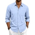 thumbnail image 2 of Dwelliawo Men Linen Cotton Button Down Shirt Long Sleeve Collared Top Lightweight Breathable Solid Color With Chest Pocket Casual For Summer Beach Office Daily Wear Light Blue L, 2 of 5