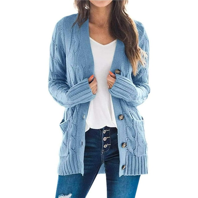 Jersey tipo cárdigan PRETTYGARDEN para mujer, tejido trenzado, azul, talla L