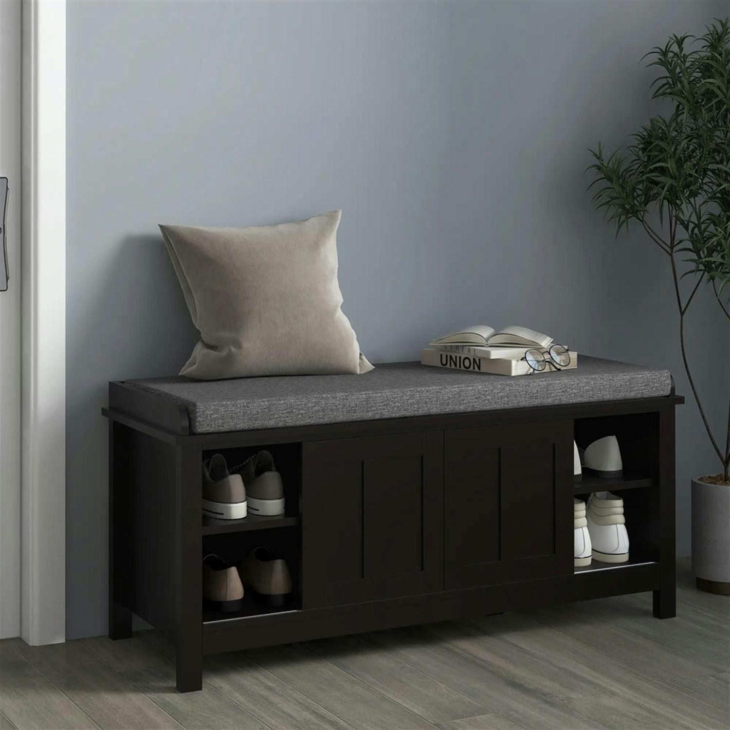 Demi Bonn 44" Modern Storage Ottoman Bench, Entryway Bench with Pillow, 2-Sided Doors, 10 Pairs Capacity for Home Organization, Black