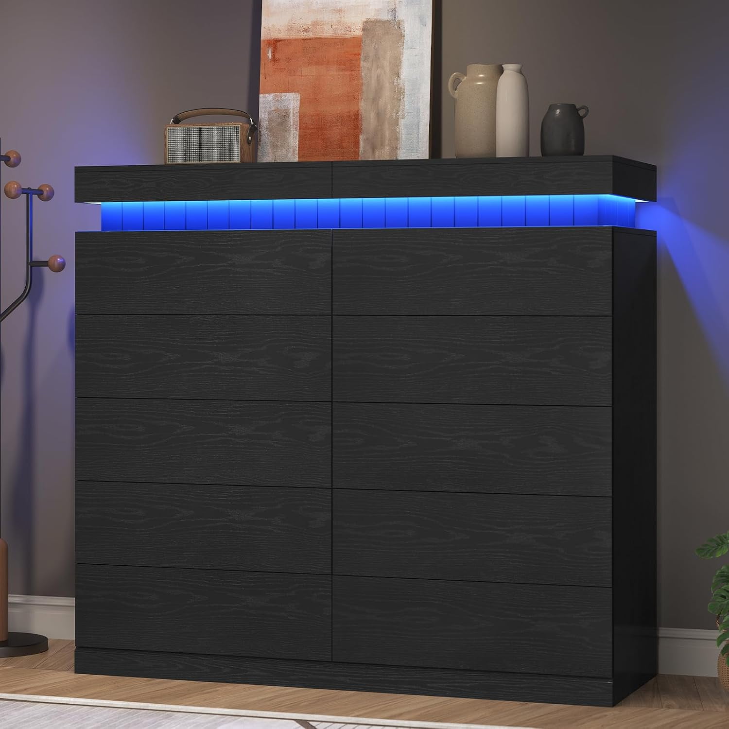 10 Drawer Double Dresser, Chest Of Drawers with LED Light and Power Outlet, Modern Bedroom Dresser with Sliding Top Storage Space for Living Room, Hallway, Entryway, Black