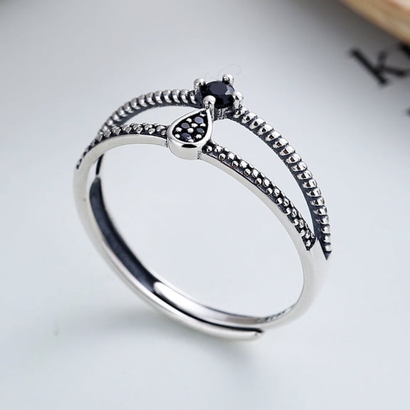 Womens Sterling Silver Ring Adjustable 925 Silver Thai Vintage Ring with Black Stone Distressed Finish and an