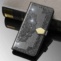 Dteck Wallet Case for Oneplus Nord N200 5G, Bling Diamond Embossed Flower Mandala Floral PU Leather Folio Flip [Kickstand] [Card Slots Holder][Wrist Strap] Magnetic Cover, Black Flower