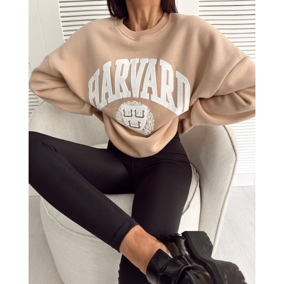 Varsity Vibe Harvard Sweatshirt (S, Beige)