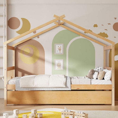 Bellemave Twin Size House Bed with Trundle, Wood Platform Bed Frame with House Shape Roof forTeens(Natural)