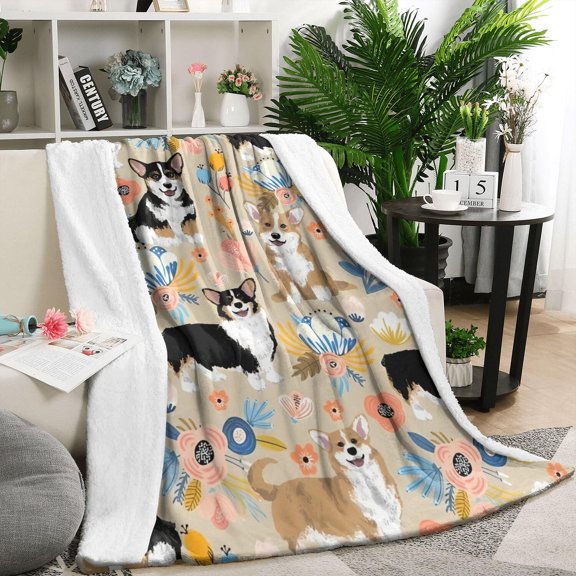 Corgi Dog and Flower Florals Blanket,Comfortable Soft Flannel Throw Blanket,All Season,Warm Lightweight Blankets for Sofa Bed Couch Living Room Chair,50"x60"(130x150cm)