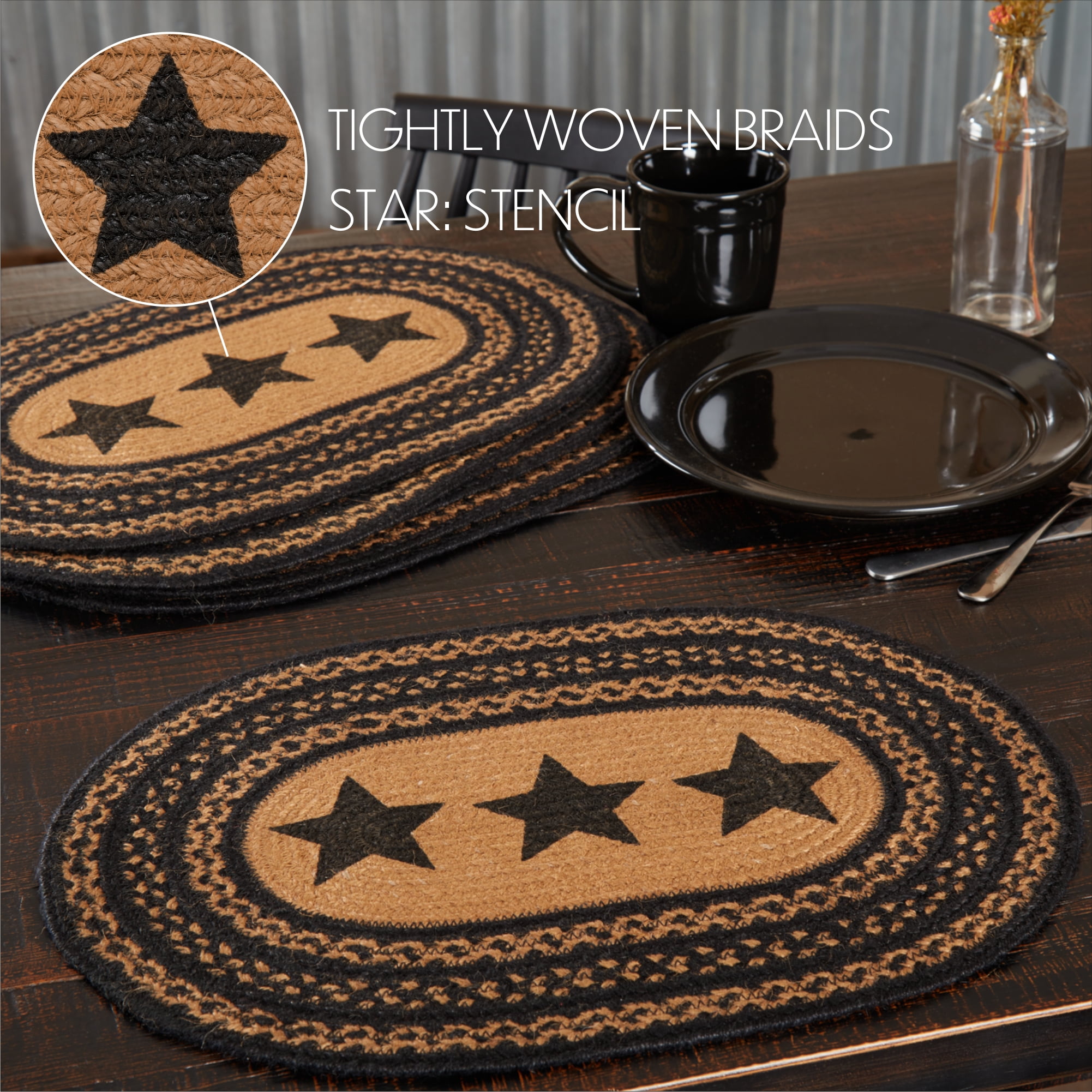 VHC Brands Farmhouse Primitive Jute Black Textured Kitchen Placemat Stencil Stars Set of 6 12"x18"