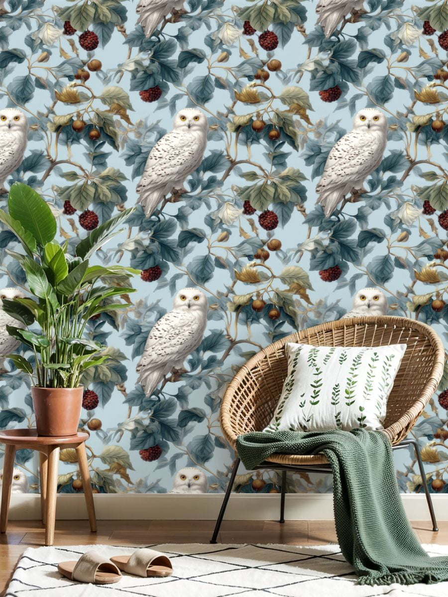 Peel and Stick Wallpaper Snowy Owl perched among foliage vibrant berries Wall Mural 17.7in x 9.8ft Self Adhesive Removable Wall Paper Renter Friendly Wallpaper for Nursery Bedroom Cabinets