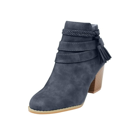

jsaierl Women Ankle Boots Solid Color Fashion Square High Heel Pointed Zip Shoes Cross Straps Tassel