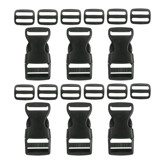 Plastic Quick Release Buckle, 6 Pack Plastic Quick Side Release Clips with 12 Pack Tri-Glide Slide Black 1"