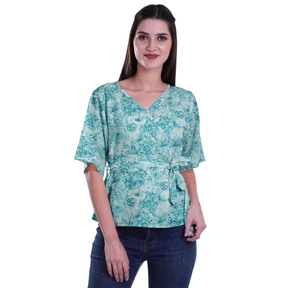 Moomaya Printed Wrap Over with Belt Style Top For Women Printed V-Neck Casual/Formal Top