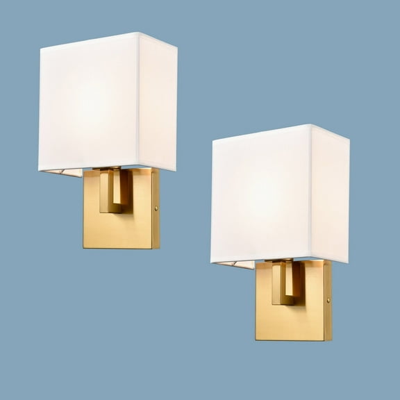 Claxy Gold Wall Sconces with White Fabric Shade 2 Pack