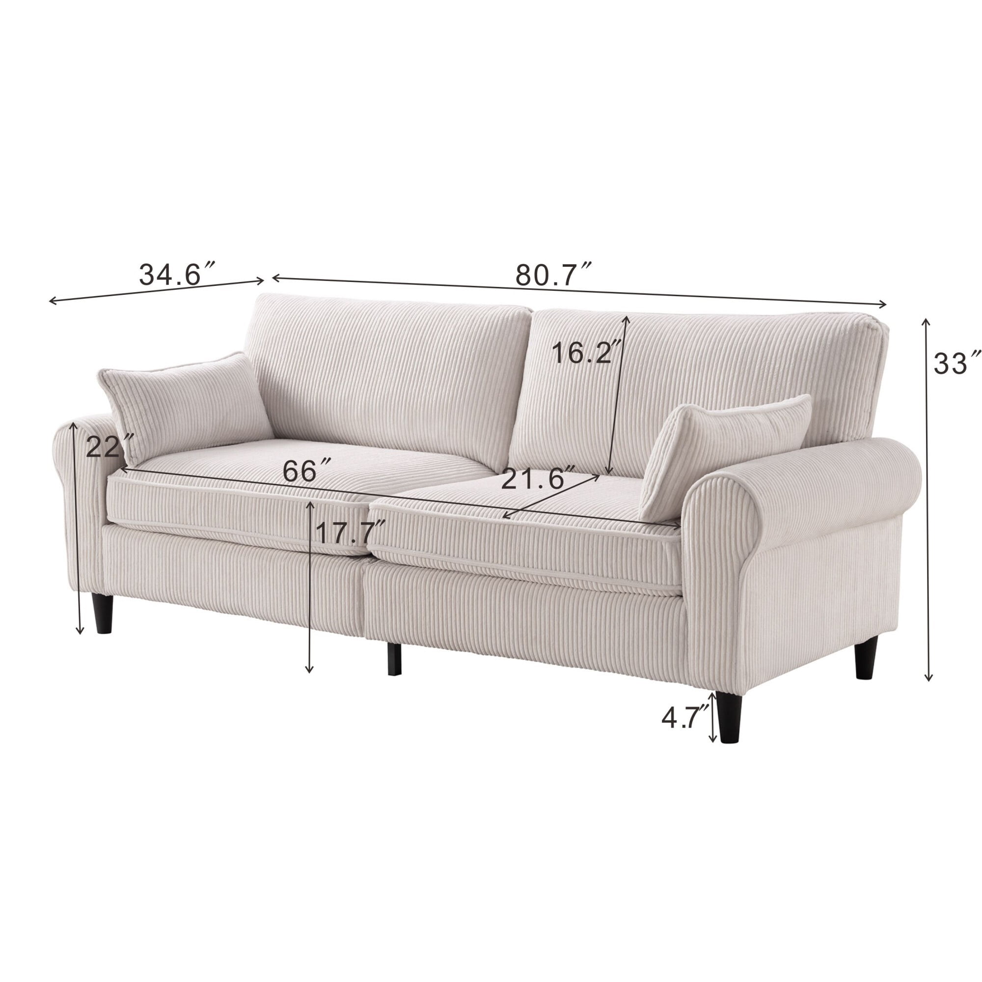 DEALTOPS 81" Corduroy Loveseat, Modern 2-Seater Sofa with Rolled Arms, Iron & Wood Frame, Creamy Beige