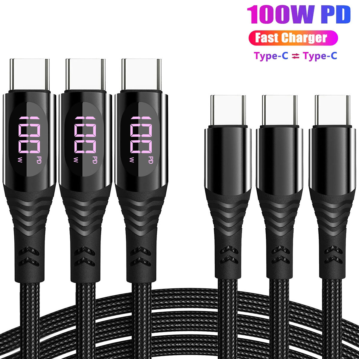 AICase 100W USB-C to USB-C Cable 100W Fast Charger Type-C Charging Data Cord LED Display Cable