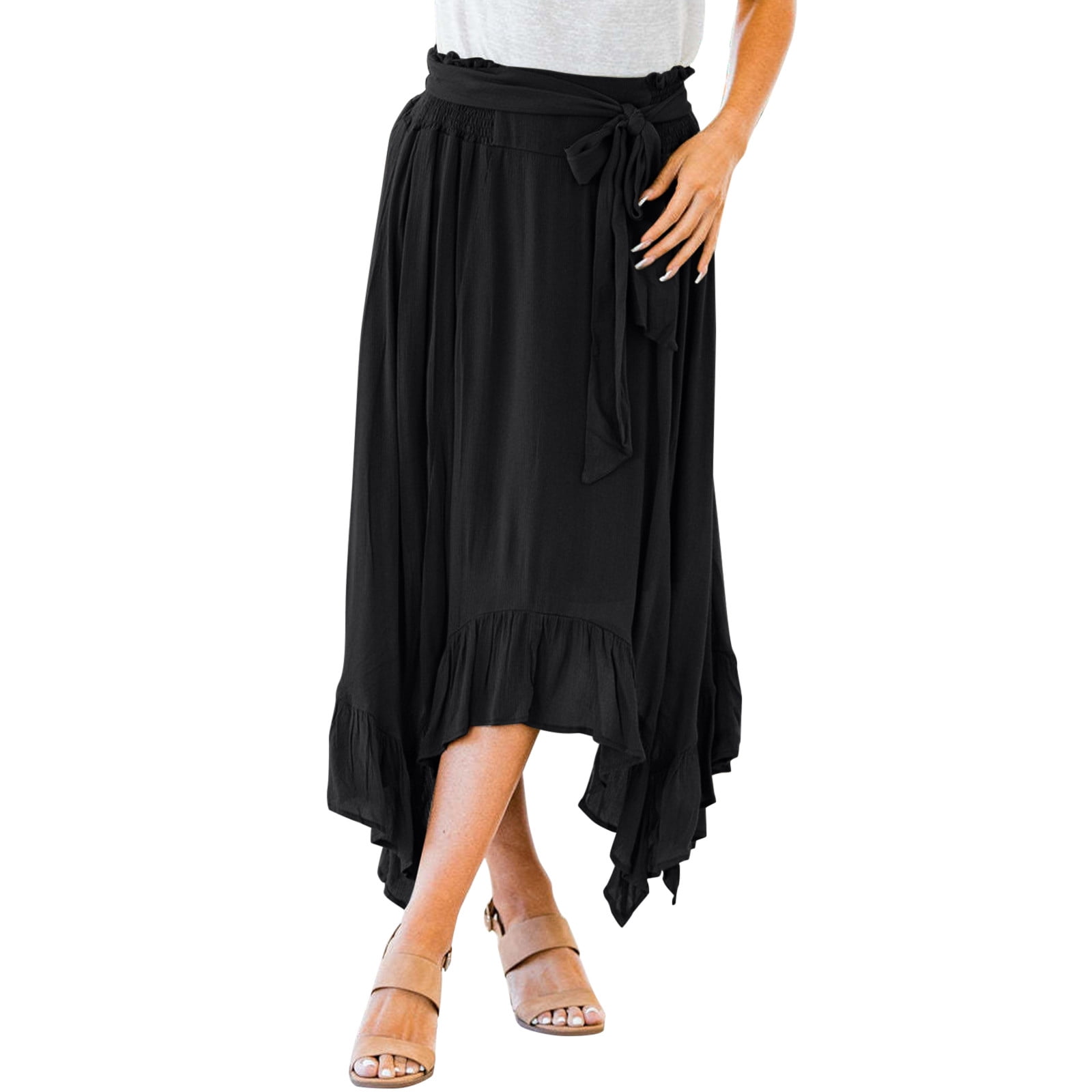 Womens Skirt Wrap around Skirts for Women Women s Boho Floral Print Wrap Front Self Tie Knot Ruffle Hem Split Midi Skirt Adult Female Clothes Black Size S Walmart