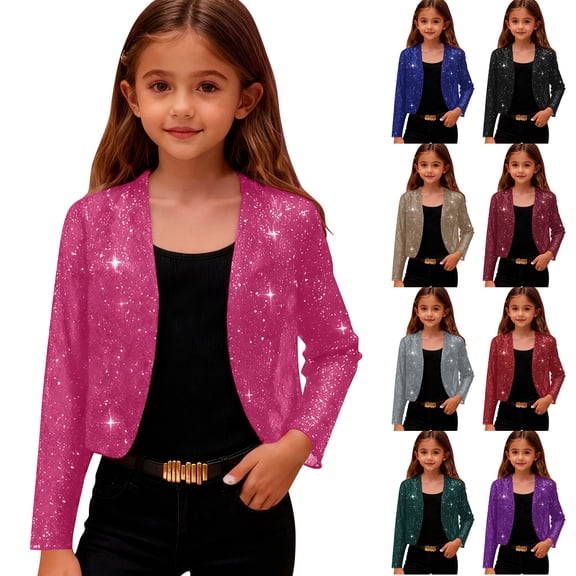 QSXADF Girls' Sequin Jacket Sparkly Crop Glitter Cardigan Metallic Pleated Long Sleeve Crop Cardigan Wrap Style Party Casual Girls Outerwear Children's Outwear