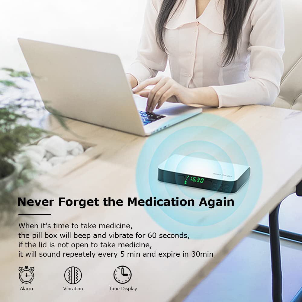 Pill Dispenser with Alarm, Daily Medicine Pill Organizer with up to 7 Alarms A Day,Smart Pill Box 6 Compartments, Christmas Thanksgiving Gift Pill Reminder for Elderly