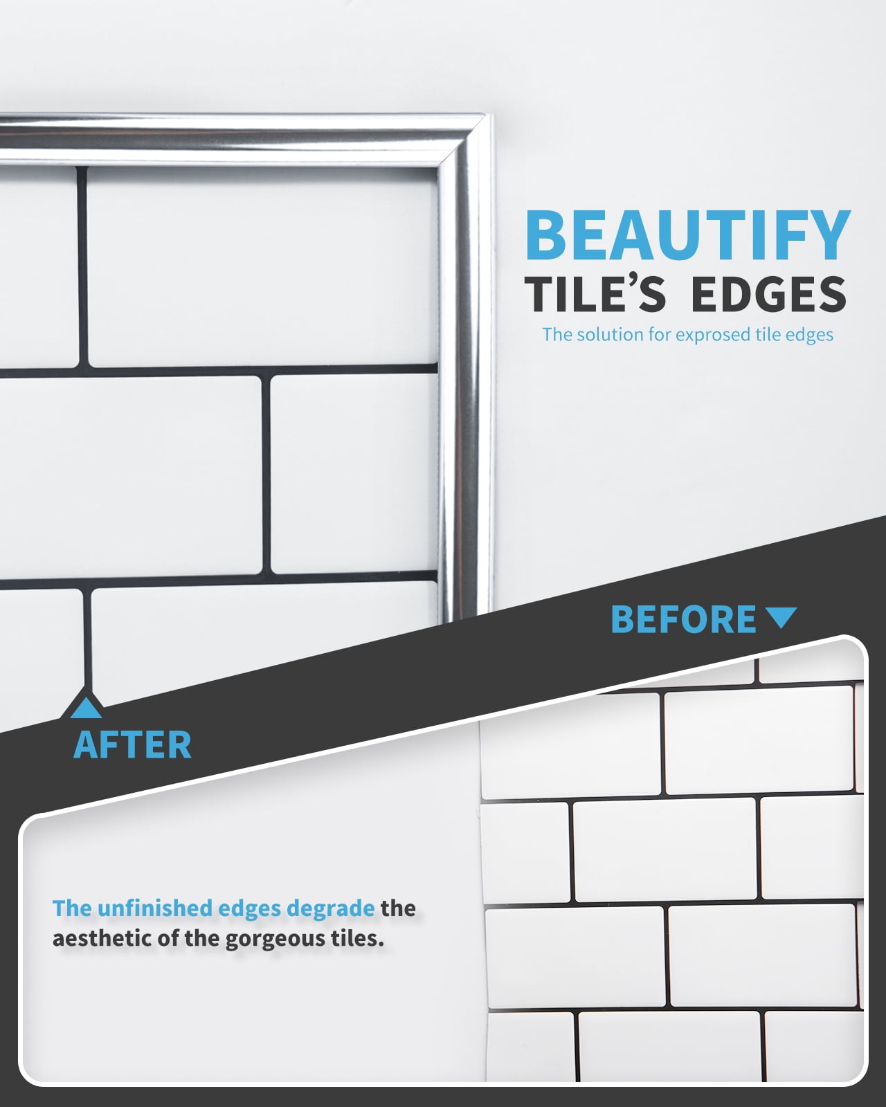 Art3d 10 Ft Peel and Stick Trim for Backsplash Tile Edge, Self-Adhesive Liner for Corner Decor in Stainless Steel