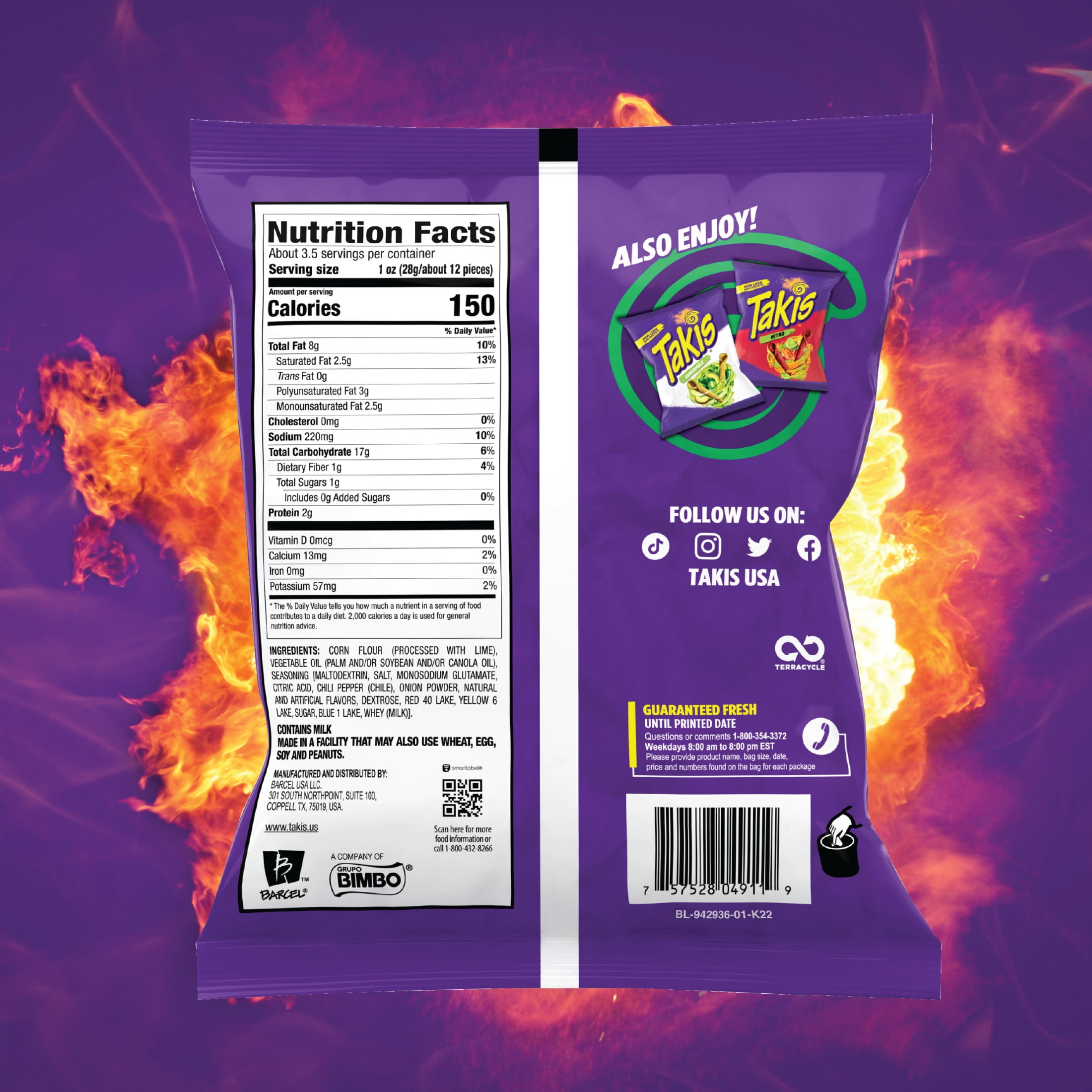 Takis Crunchy Fajitas 3.25 oz Snack Size Bag, Fajita Rolled Tortilla Chips