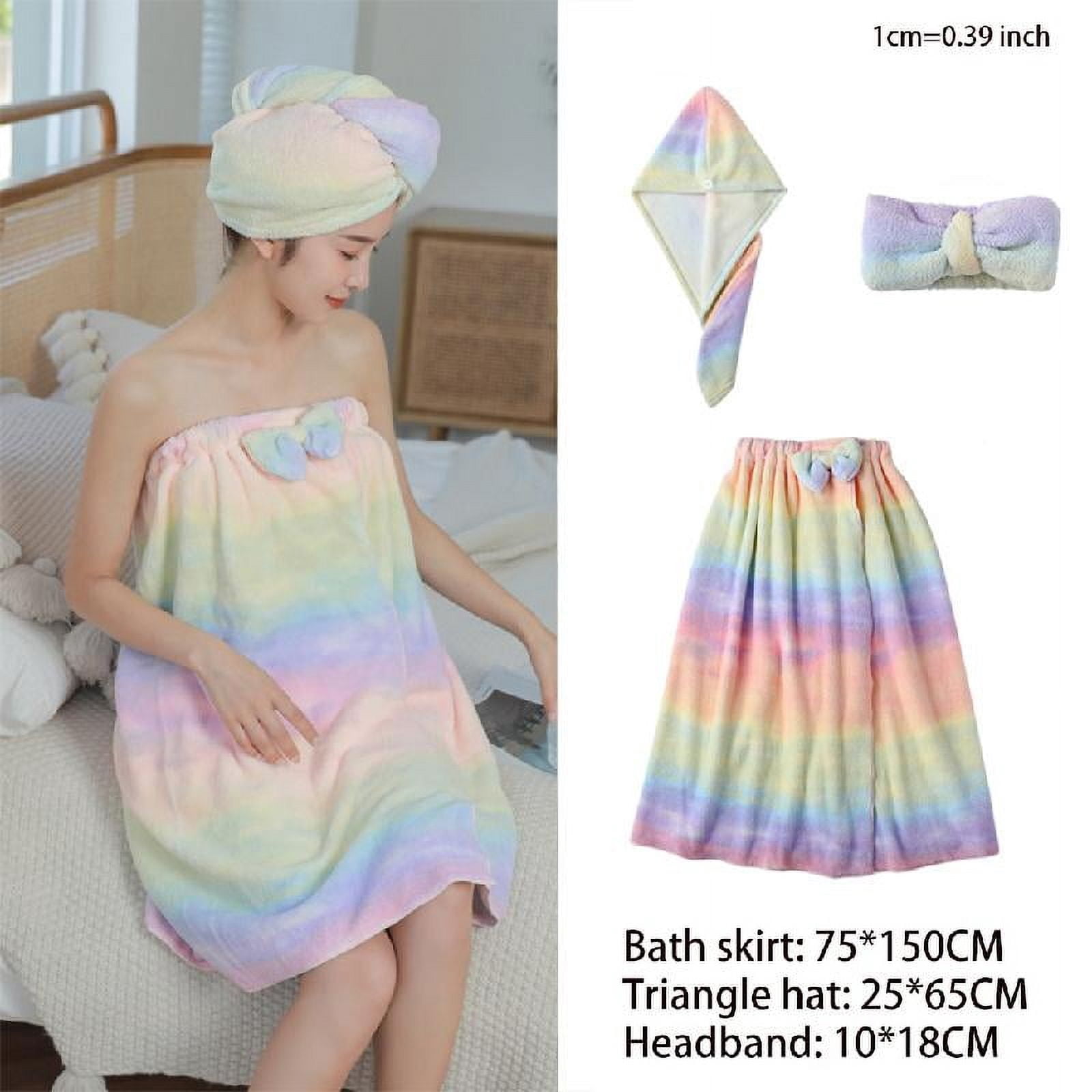 Yammee 3pcs Women Bath Towel Wrap Set Rainbow Striped Shower Bathrobe Hair Cap Headband