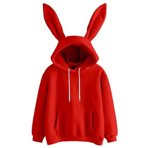 Fgnfyis Womens Hooded Sweatshirt with Ear Details Fashionable Long Sleeve Pullover for Casual Streetwear Red XL