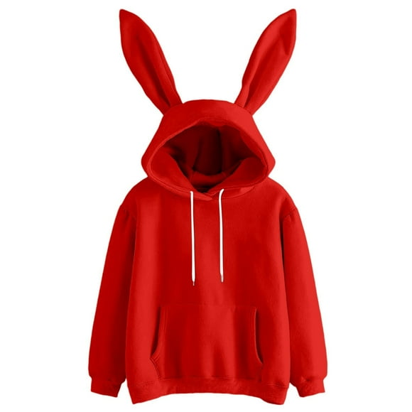 Aocisk Womens Hooded Sweatshirt with Ear Details Fashionable Long Sleeve Pullover for Casual Streetwear Red XL