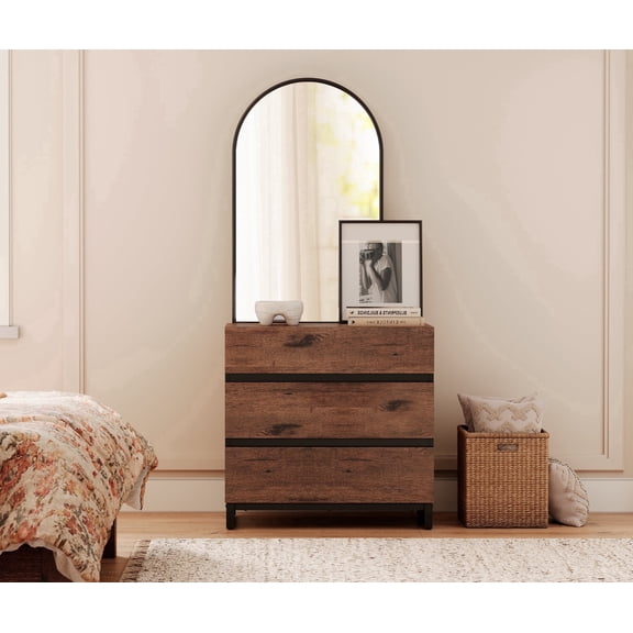 WAMPAT Nightstand with 3 Drawers for Bedroom, Modern Bedside Table with Black Square Iron Leg, Wood Rustic Side End Table for Bedroom,Brown