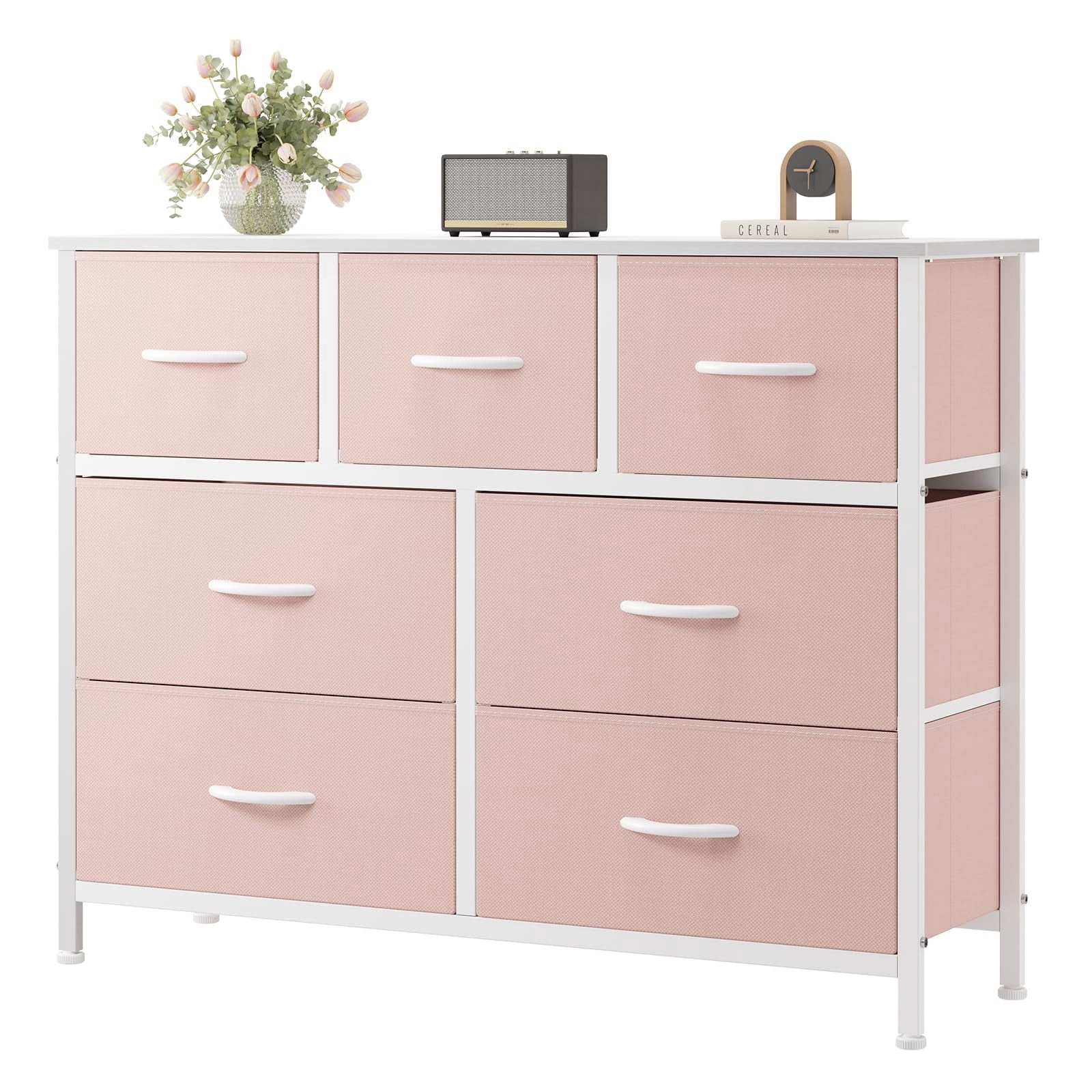 Telyra 7-Drawer Fabric Dresser TV Stand Organizer with Wood Top and Metal Frame Wide Storage Chest, Pink