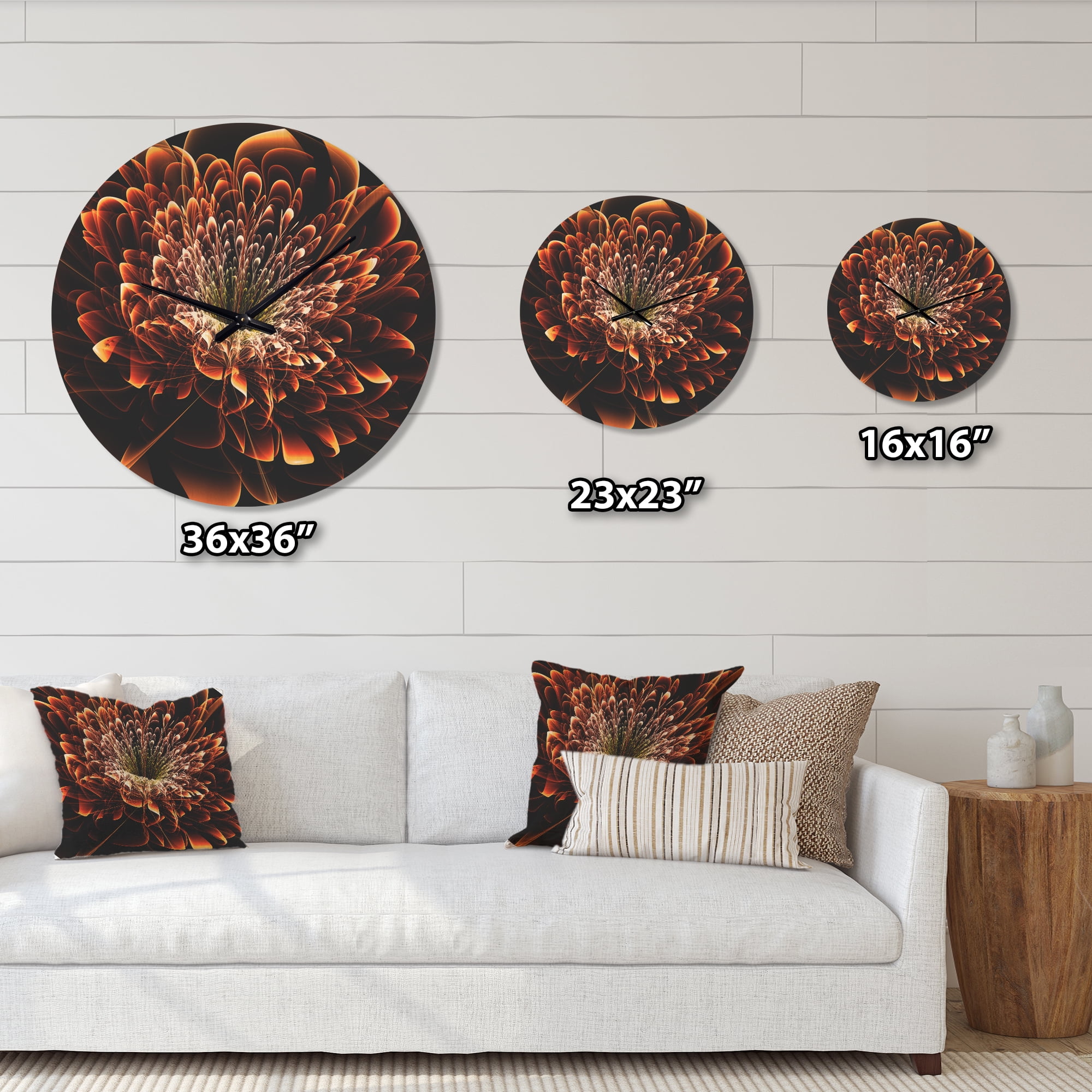 Designart 'Brown Fractal Flower On Black' Modern Wood Wall Clock
