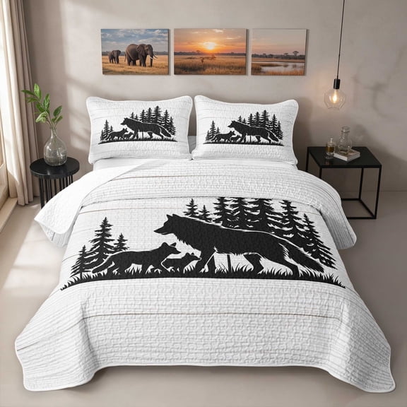 Erosebridal Wolf Twin Quilt Set, Wood Forest Silhouette Twin Coverlet Set, 2pcs 1 Bedspread and 1 Pillowcase