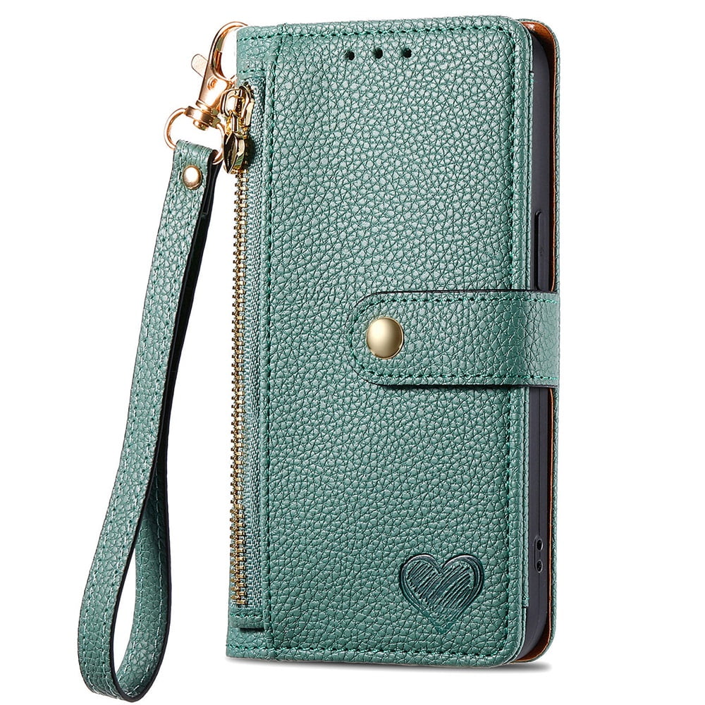 For iPhone 15 Pro Max Leather Phone Case Wallet Zipper Pocket Pouch Folio Flip Cover Kickstand, Multi Anti-theft Card Holder Cash Slot, Double Magnetic Buckle, Wrist Lanyard,Green