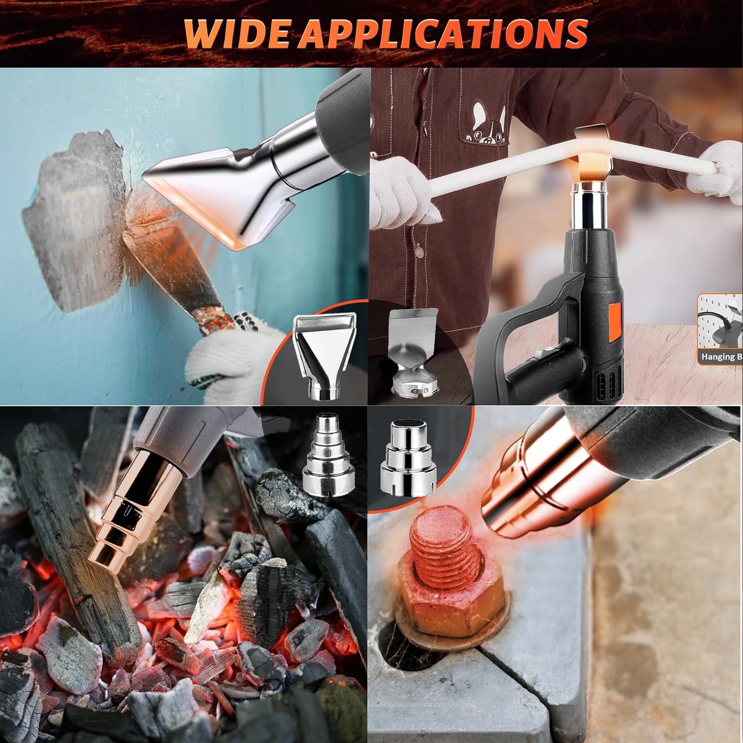 Heat Gun 2000W Hot Air Gun 752~1112 Variable Temperature Control, Fast Heating, Overload Protection, 4 Nozzles, Suitable for Vinyl Wrap, Crafting, Resin, Shrink PVC