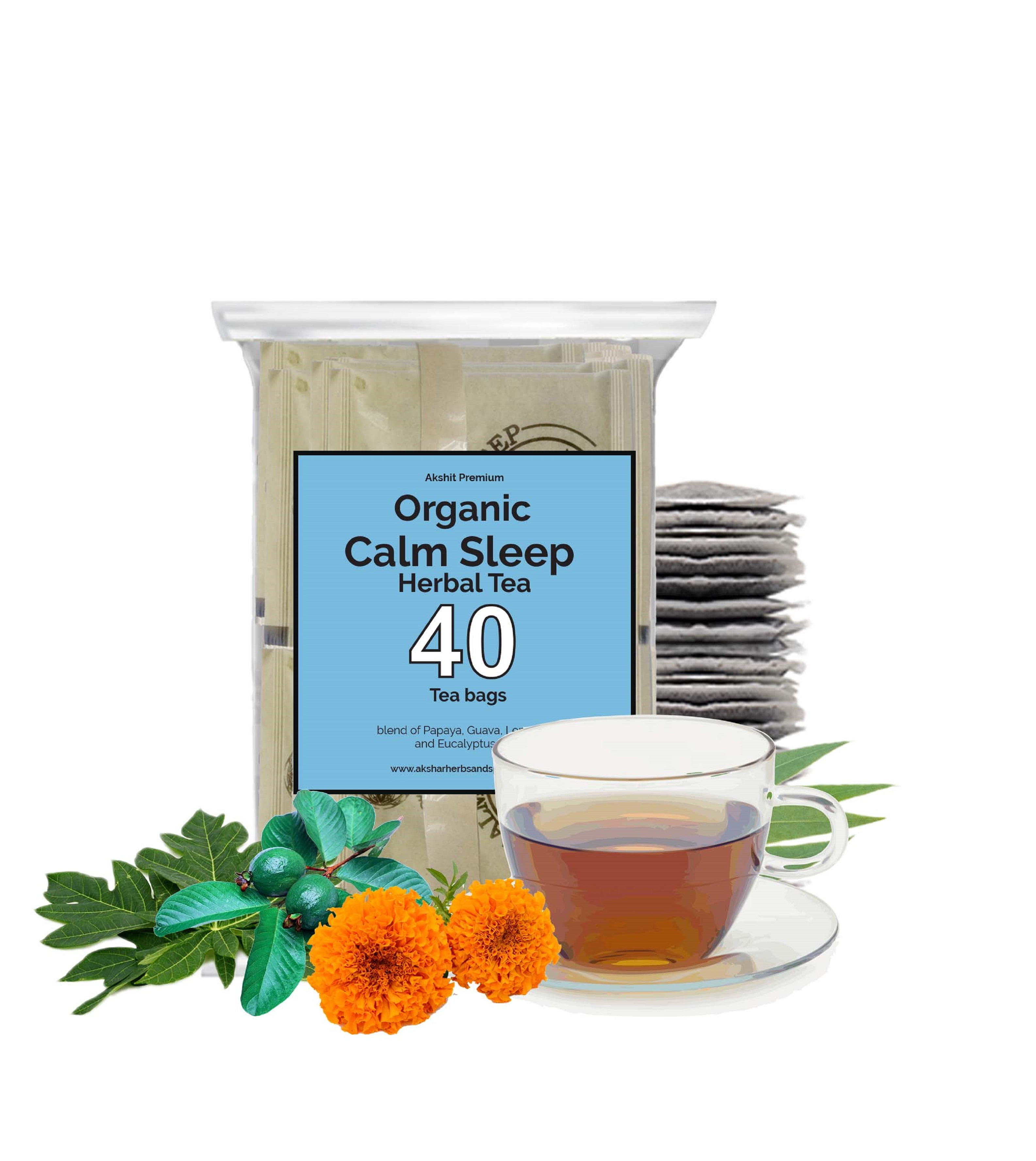 Akshar Organic Calm Sleep Tea - 40 Tea Bags, Lemongrass, Marigold, Papaya, Eucalyptus Guava Tea Caffeine-free Herbal Tea 3.0oz