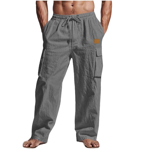 Moxiu Mens Casual Linen Cargo Pants Summer Vacation Lightweight Drawstring Pants Elastic Waist Beach Yoga Trousers with Pockets Dark Gray,M
