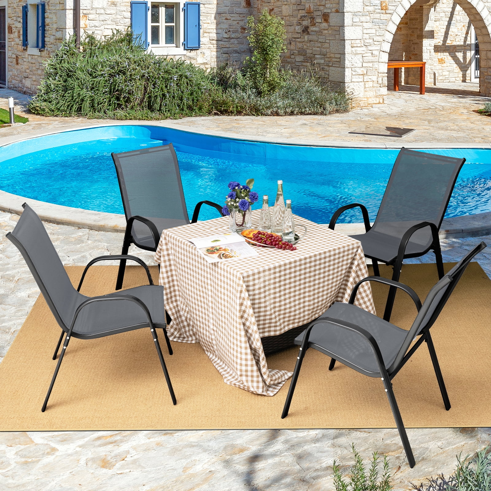 Costway Set of 4 Patio Dining Chairs Stackable Armrest Space Saving Garden  Black & Gray