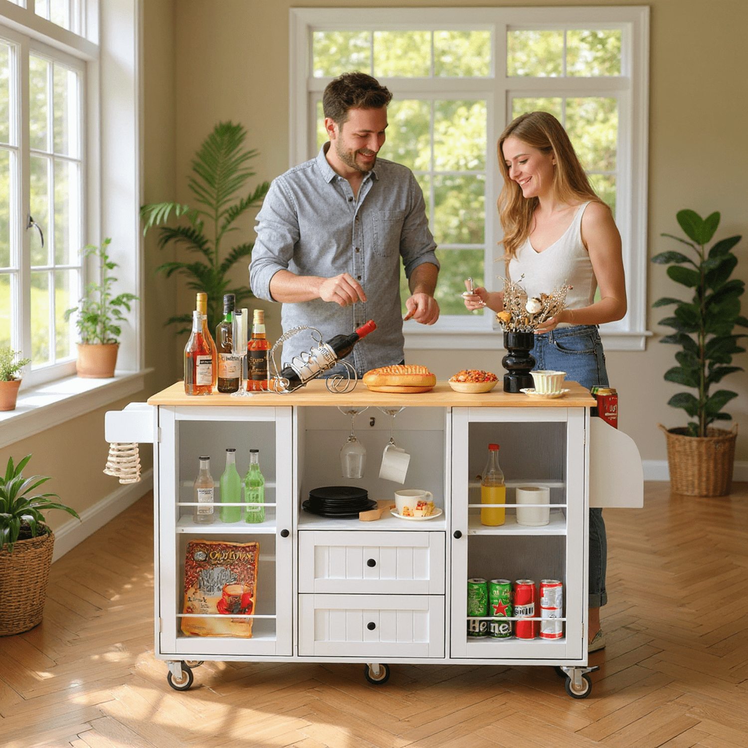 Homy Casa Rolling Kitchen Island Cart with Drop Leaf, Storage Cabinet, 2 Drawers & Wheels, White/Natural, for Small Kitchen, Dining Room, Coffee Bar