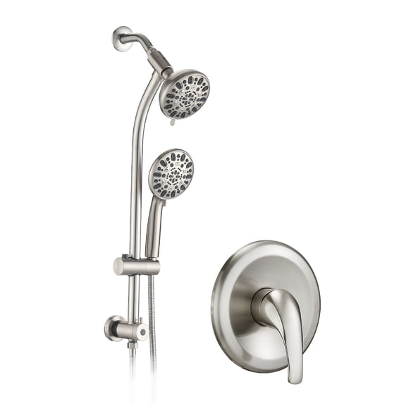 JERFIT Dual Shower Head System with Slide Bar, 7-Setting Brushed Nickel Rain Shower Combo, No-Drill Spa Set with Rough-in Valve
