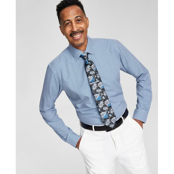 Tayion Collection Men's Slim-Fit Check Dress Shirt, Blue, L 16-16.5 in 32/33