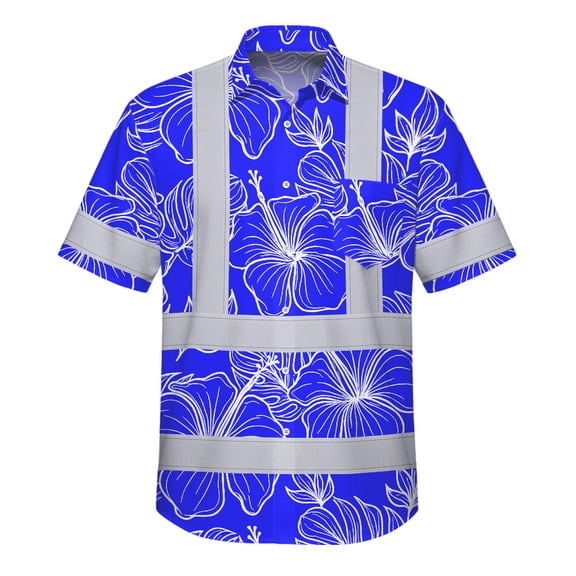 Hi Vis Hawaiian Shirt Reflective Tapes Blue Neon Flowers Custom Name Safety Workwear For Workers, Truckers, Operators