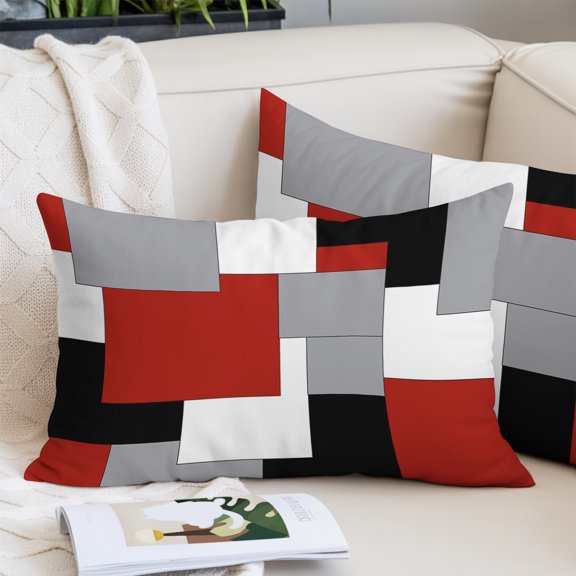 Red Grey Black Geometric Pillow Covers 20x36 Inch King Size, Middle Century Modern Art Abstract Decorative Pillowcase with Zipper, Microfiber Pillow Protector Pillowcases for Couch Sofa Bed