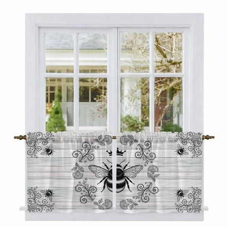 Vintage Bees Crowns Tier Curtains 36 Inch Length Retro Leaves Rings Gray Wooden Cafe Short Curtains for Bathroom Over Sink Small Kitchen Curtain Light Filtering Tiered Drapes 2 Panels 27.5 Wx36 L