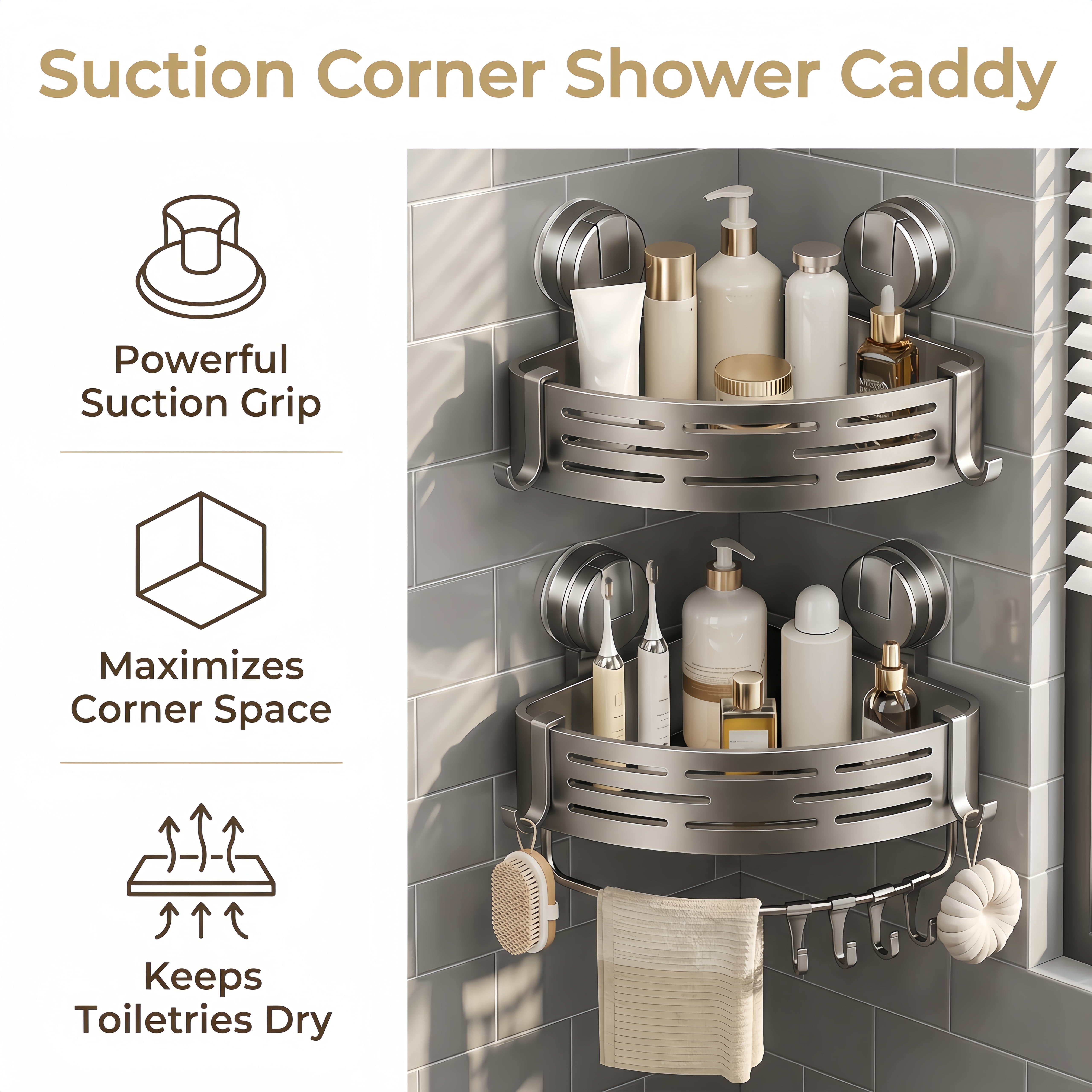 2 Pack Suction Corner Shower Caddy, No Drill Bathroom Organizer, Wall Mount Shower Shelves with Hooks, Removable Shower Caddies for Bathroom & Kitchen Storage