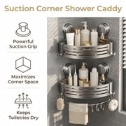 2 Pack Suction Corner Shower Caddy, No Drill Bathroom Organizer, Wall Mount Shower Shelves with Hooks, Removable Shower Caddies for Bathroom & Kitchen Storage