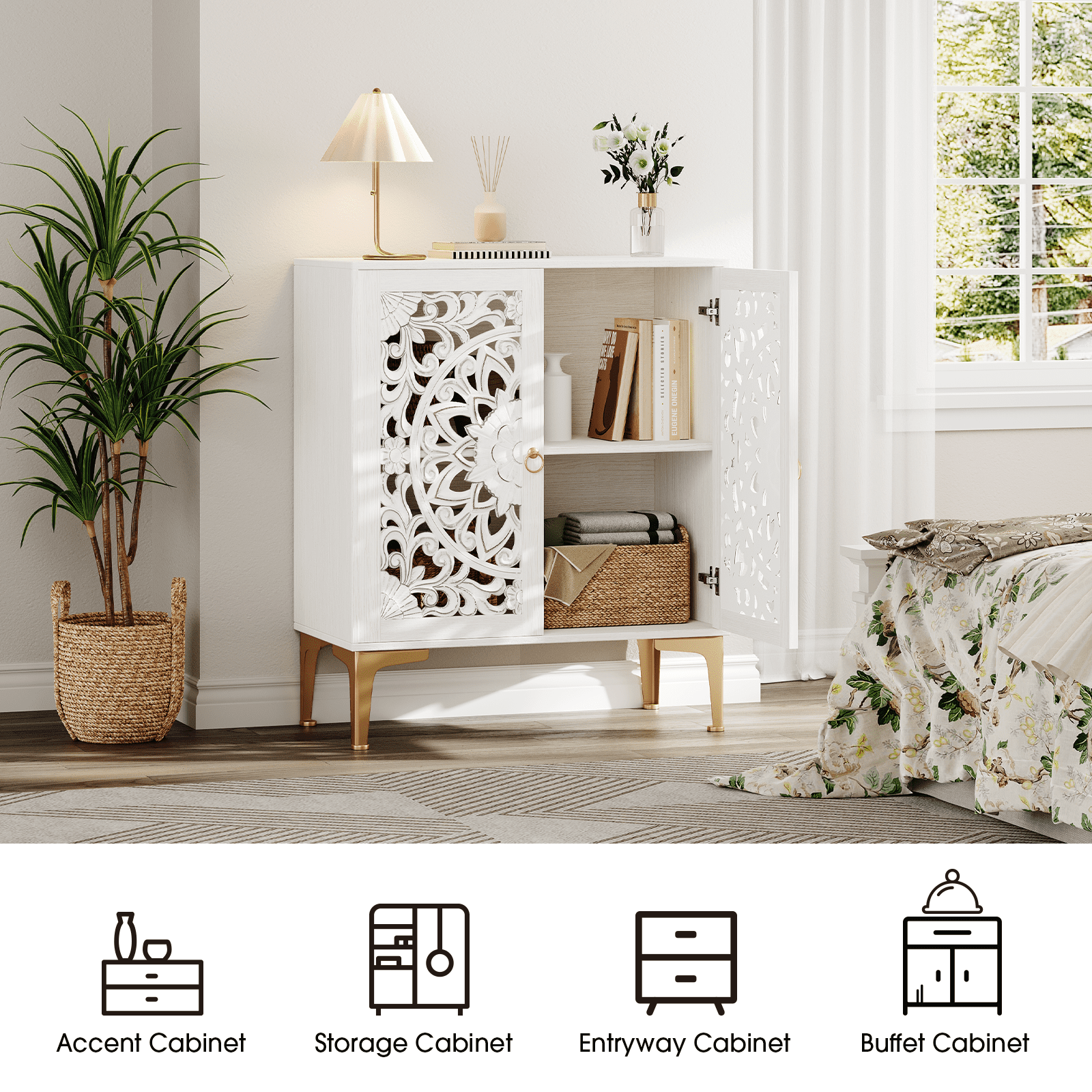 JOINICE Accent Storage Cabinet with Doors,Small Sideboard Buffet Cabinet,31.5" W,for Living Room,Entryway,Dining Room,Carved,White