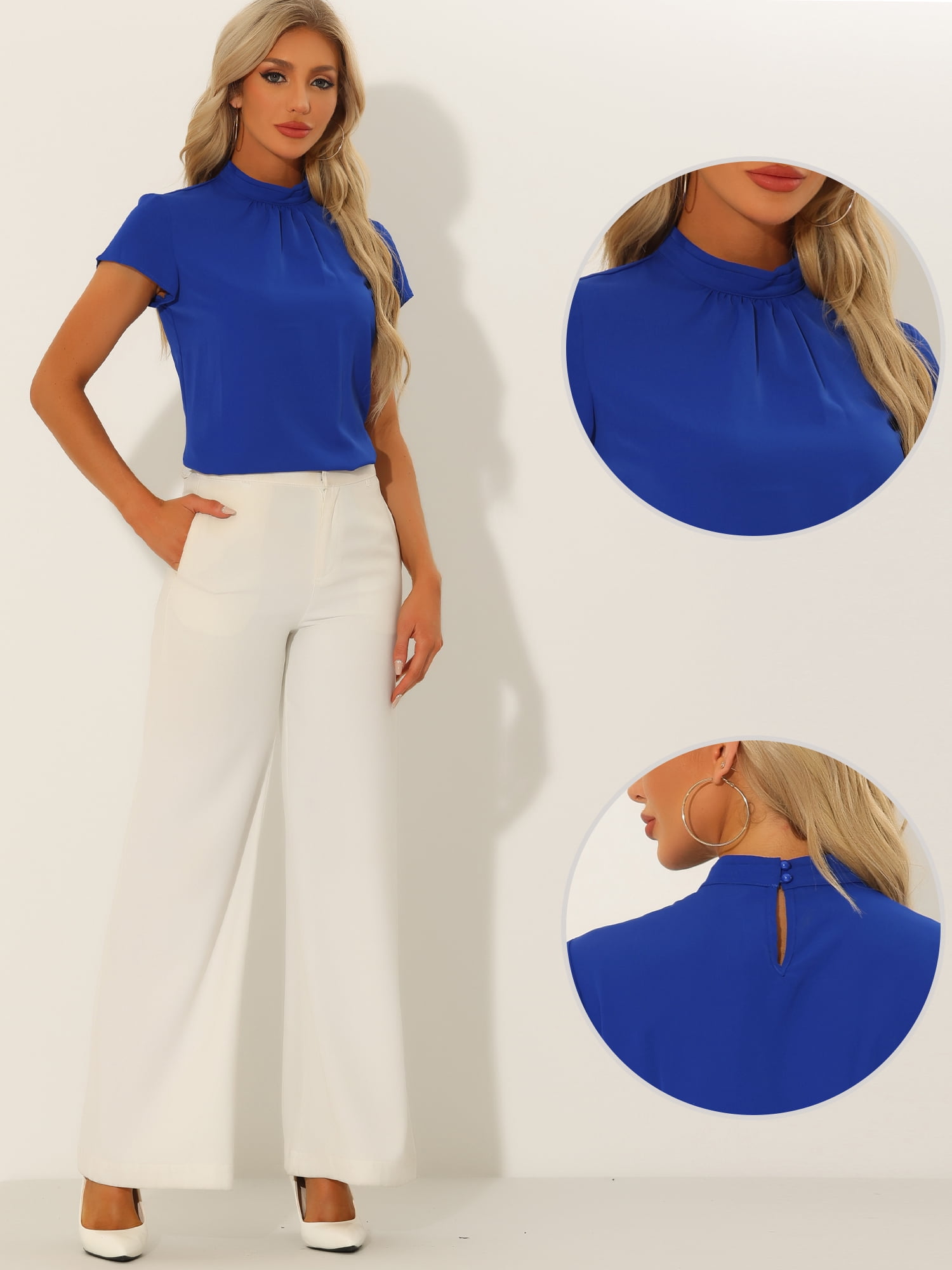 DARING DIVA Stand Collar Cap Sleeve Keyhole Back Blouse XL Royal Blue