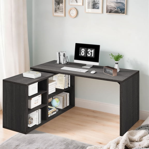 Paasyonmate 55 inch L-Shaped Computer Desk, Reversible Corner Desk with Storage Shelves for Home Office & Gaming, Dark Gray