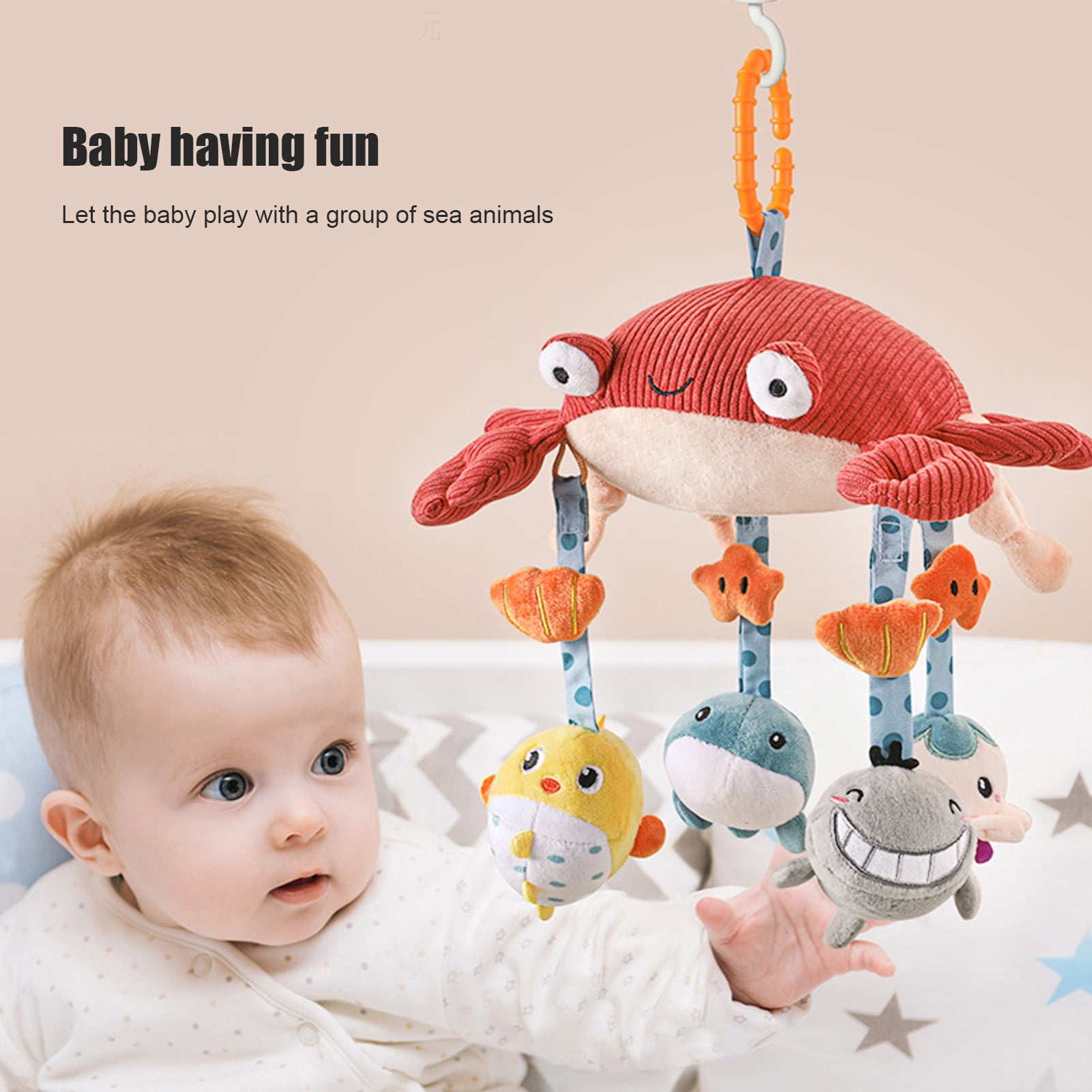 NestledNature Baby Baby Bed Mobile: Hanging Plush Crab Bell Toys For Newborns Infant Bed Decoration & Rattles