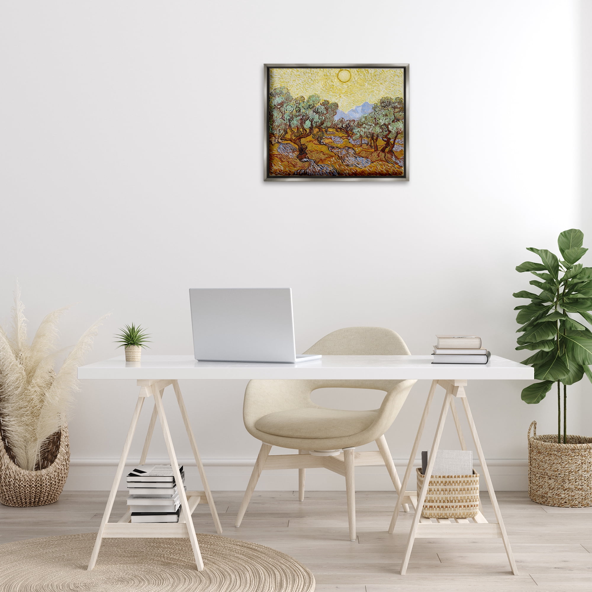 Stupell Industries Classic Van Gogh Olive Trees Landscape & Nature Painting Gray Floater Framed Canvas Art Print Wall Art, 21 x 17