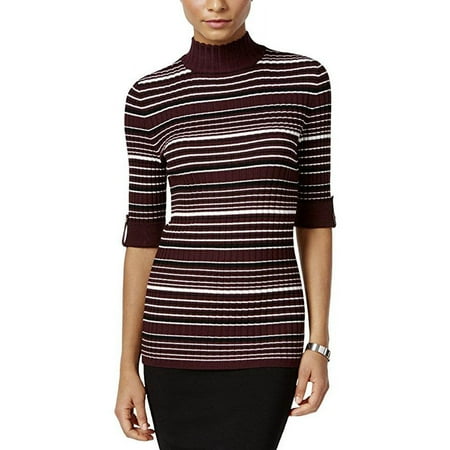 Style & Co Petite Striped Mock-Neck Sweat Dried Plum Combo PM