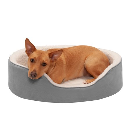 FurHaven Pet Dog Bed  Orthopedic Faux Sheepskin & Suede Oval Lounger Pet Bed for Dogs & Cats, Gray, Large