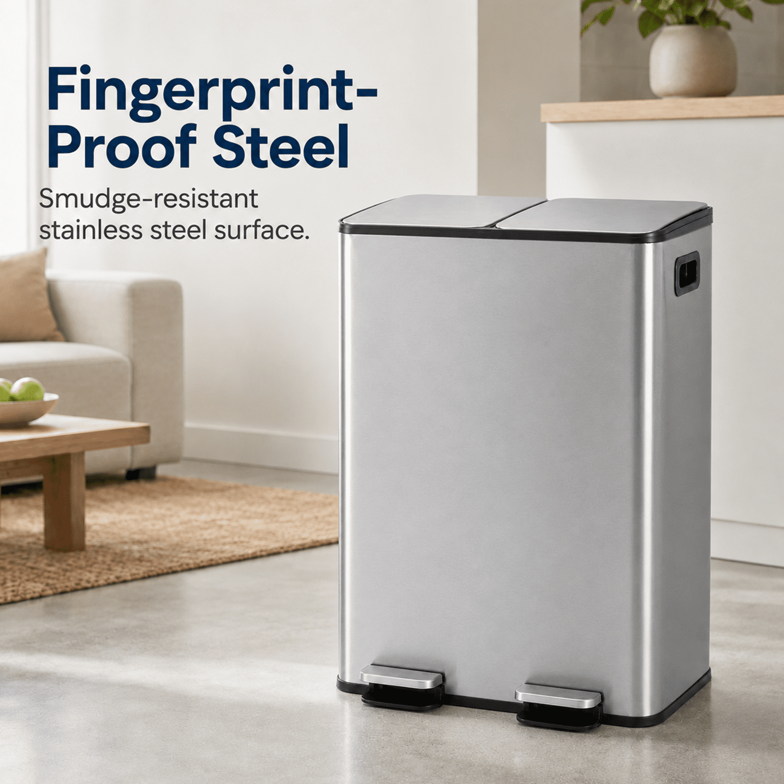Alvantor Dual Bin Trash Can, 2 x 8 Gallon (2 x 30 L) Garbage Can for Kitchen, Soft-Close Lid and Removable Inner Buckets, Odor Control, Fingerprint-Resistant, Stainless Steel